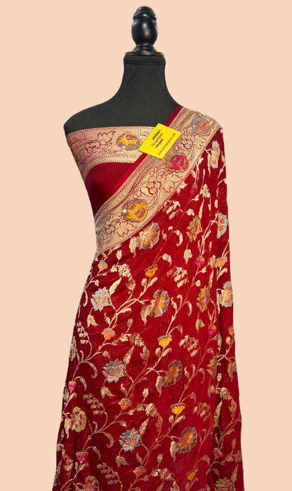 Red Khaddi Georgette Banarasi Handloom Saree -  Tilfi Meenakari