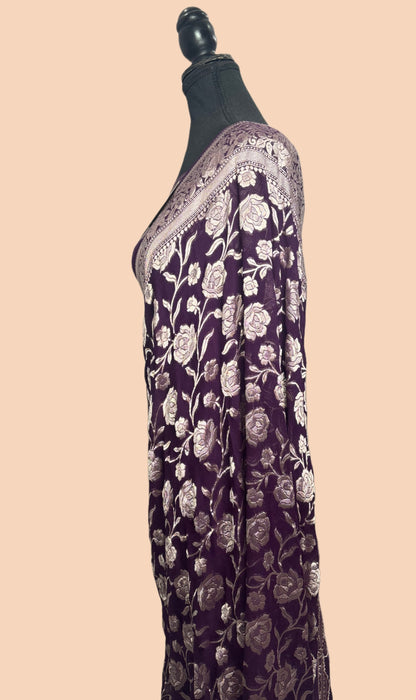 Magenta Pure Khaddi Georgette Banarasi Handloom Saree -  Water Zari