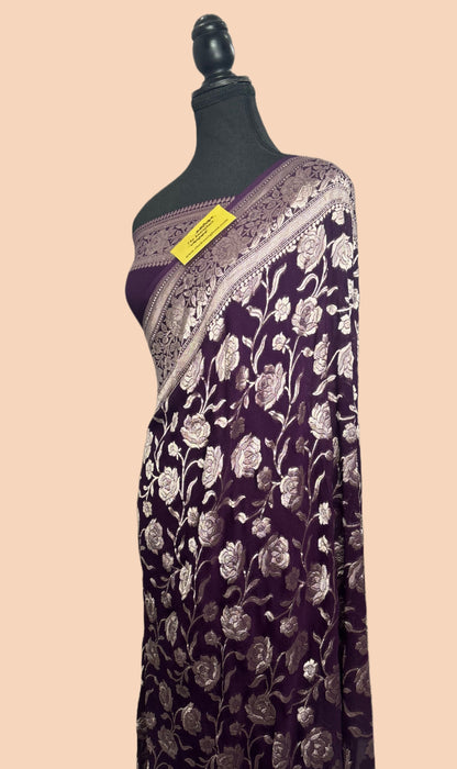 Magenta Pure Khaddi Georgette Banarasi Handloom Saree -  Water Zari
