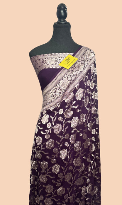 Magenta Pure Khaddi Georgette Banarasi Handloom Saree -  Water Zari