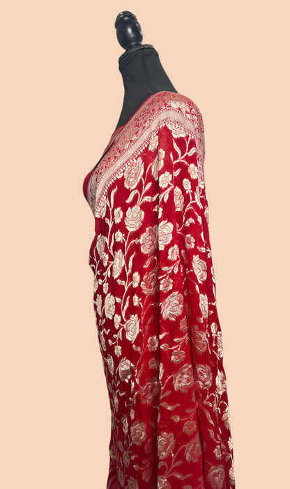Red Pure Khaddi Georgette Banarasi Handloom Saree -  Water Zari