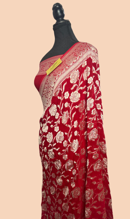 Red Pure Khaddi Georgette Banarasi Handloom Saree -  Water Zari