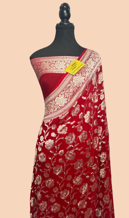 Red Pure Khaddi Georgette Banarasi Handloom Saree -  Water Zari