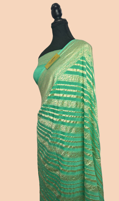 Torquoise Green Pure Khaddi Georgette Banarasi Saree -  Water Zari