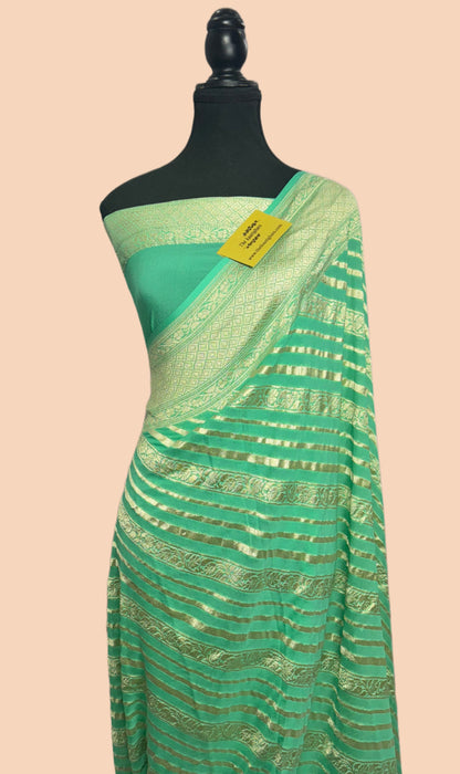Torquoise Green Pure Khaddi Georgette Banarasi Saree -  Water Zari
