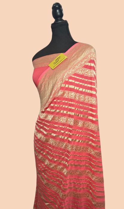 Pink Pure Khaddi Georgette Banarasi Handloom Saree -  Water Zari