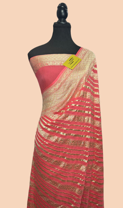 Pink Pure Khaddi Georgette Banarasi Handloom Saree -  Water Zari