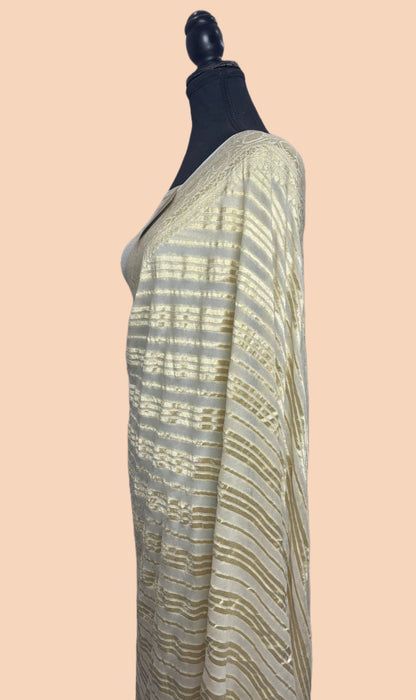 Cream Pure Khaddi Georgette Banarasi Handloom Saree -  Water Zari