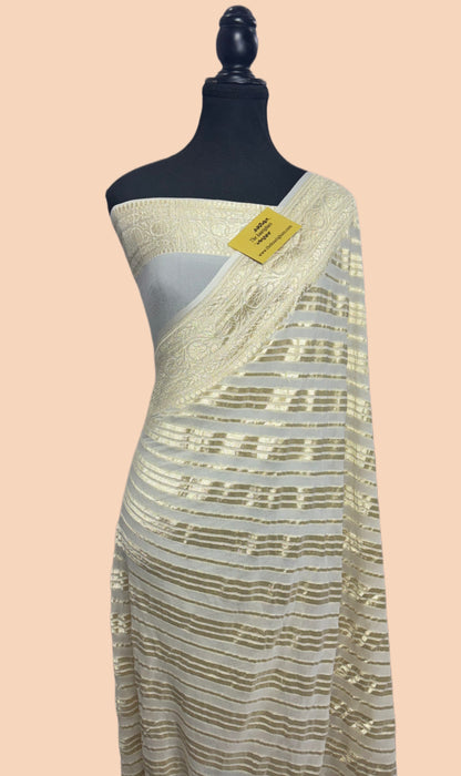 Cream Pure Khaddi Georgette Banarasi Handloom Saree -  Water Zari