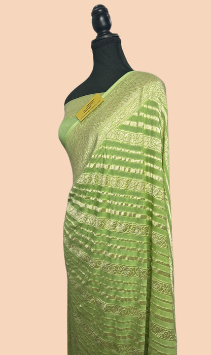 Pista Pure Khaddi Georgette Banarasi Handloom Saree -  Water Zari