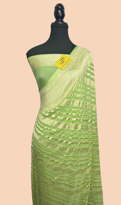 Pista Pure Khaddi Georgette Banarasi Handloom Saree -  Water Zari