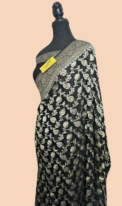 Black Pure Khaddi Georgette Banarasi Saree -  Water Zari