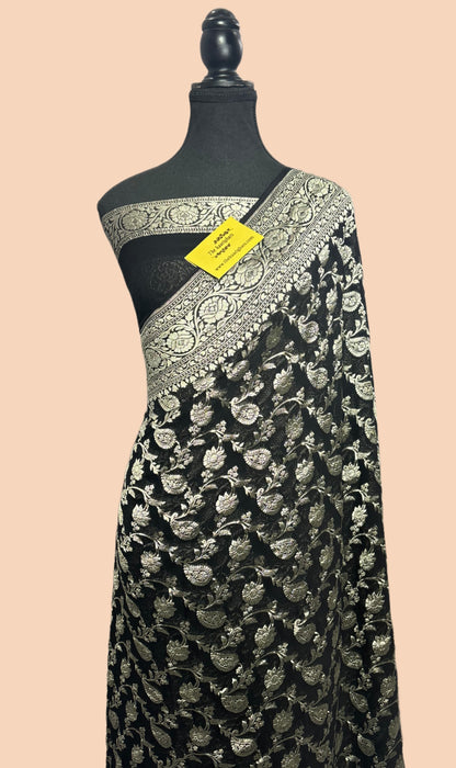 Black Pure Khaddi Georgette Banarasi Saree -  Water Zari