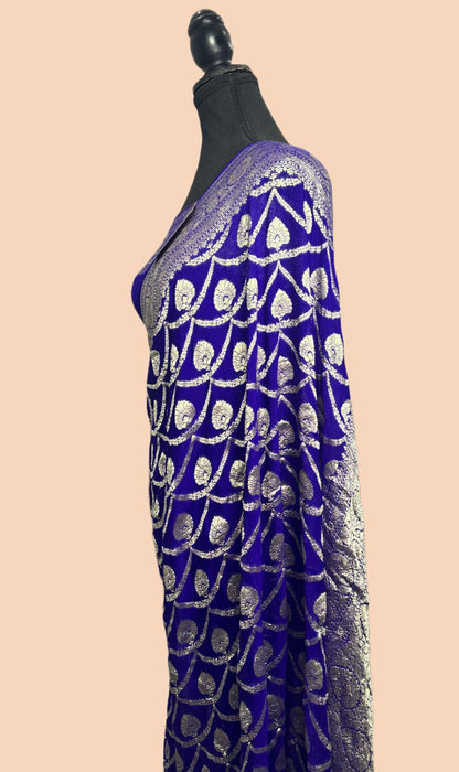 Royal Blue Pure Khaddi Georgette Banarasi Handloom Saree -  Water Zari