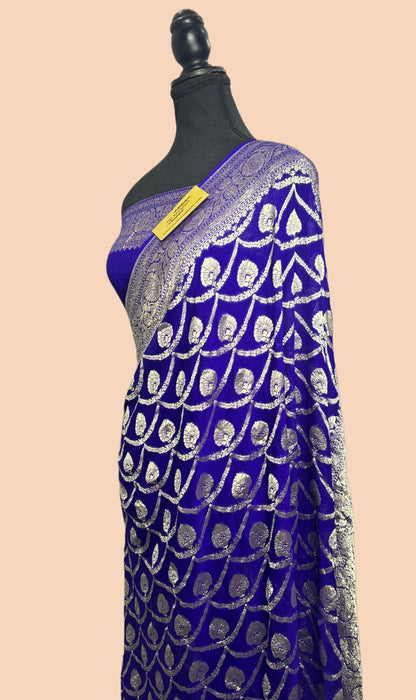 Royal Blue Pure Khaddi Georgette Banarasi Handloom Saree -  Water Zari