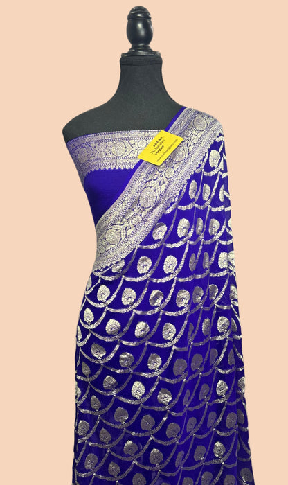 Royal Blue Pure Khaddi Georgette Banarasi Handloom Saree -  Water Zari