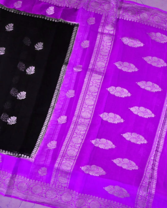 Purple & Black Pure Khaddi Georgette Banarasi Saree - Silver Zari