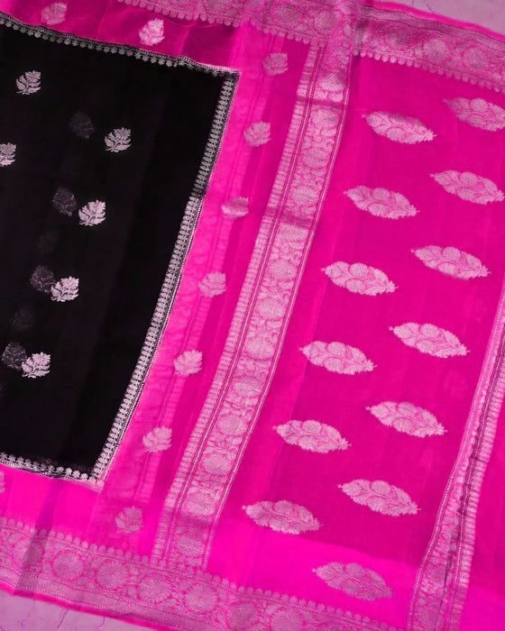 Rani Black Pure Khaddi Georgette Banarasi Saree - Silver Zari