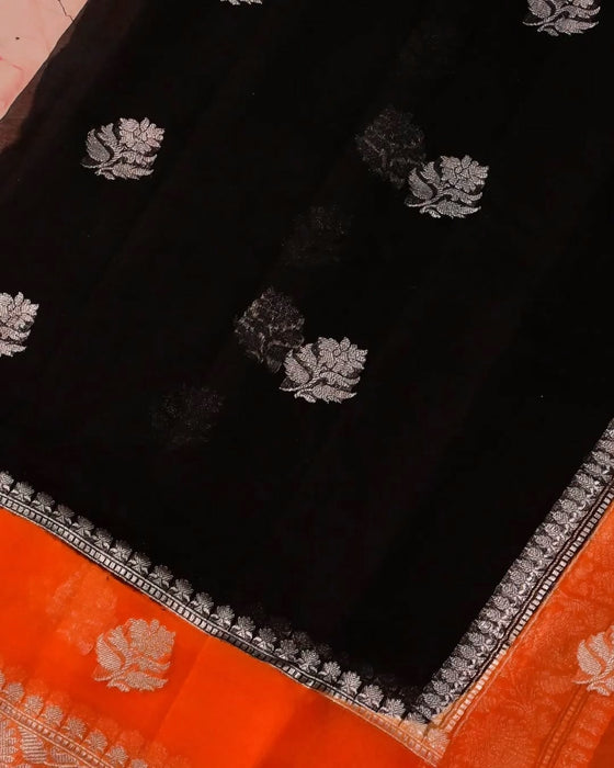 Black Pure Khaddi Georgette Banarasi Saree - Silver Zari