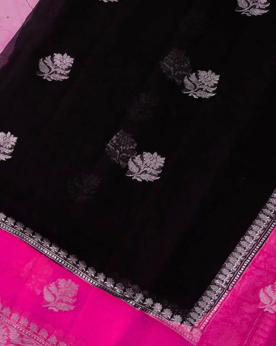 Rani Black Pure Khaddi Georgette Banarasi Saree - Silver Zari