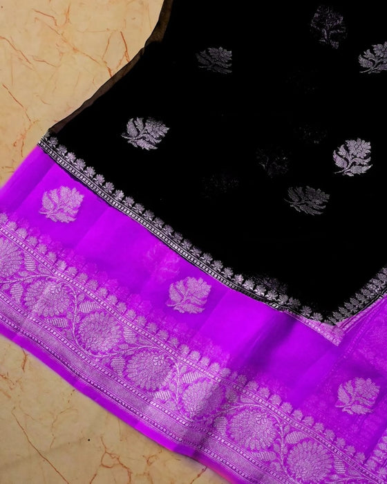 Purple & Black Pure Khaddi Georgette Banarasi Saree - Silver Zari