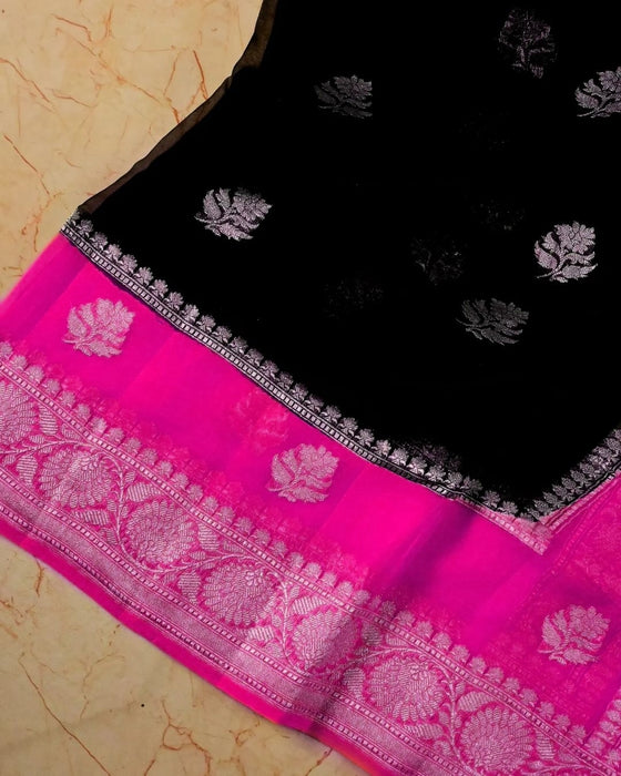 Rani Black Pure Khaddi Georgette Banarasi Saree - Silver Zari