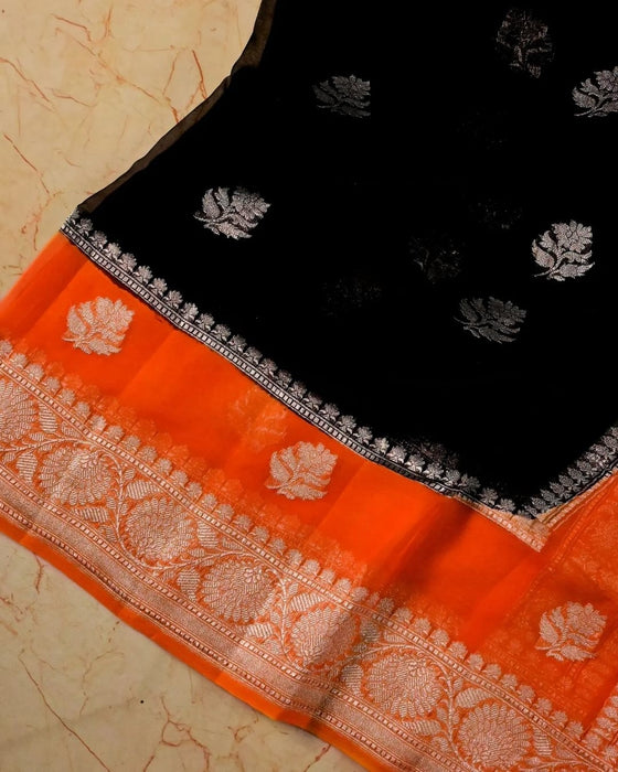 Black Pure Khaddi Georgette Banarasi Saree - Silver Zari