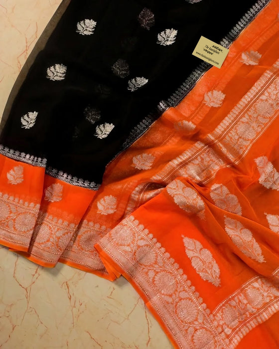 Black Pure Khaddi Georgette Banarasi Saree - Silver Zari