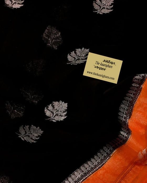 Black Pure Khaddi Georgette Banarasi Saree - Silver Zari