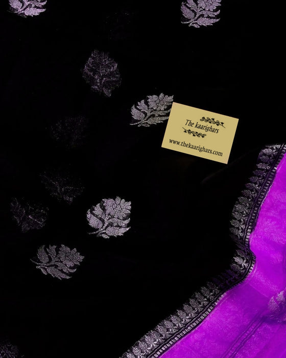 Purple & Black Pure Khaddi Georgette Banarasi Saree - Silver Zari