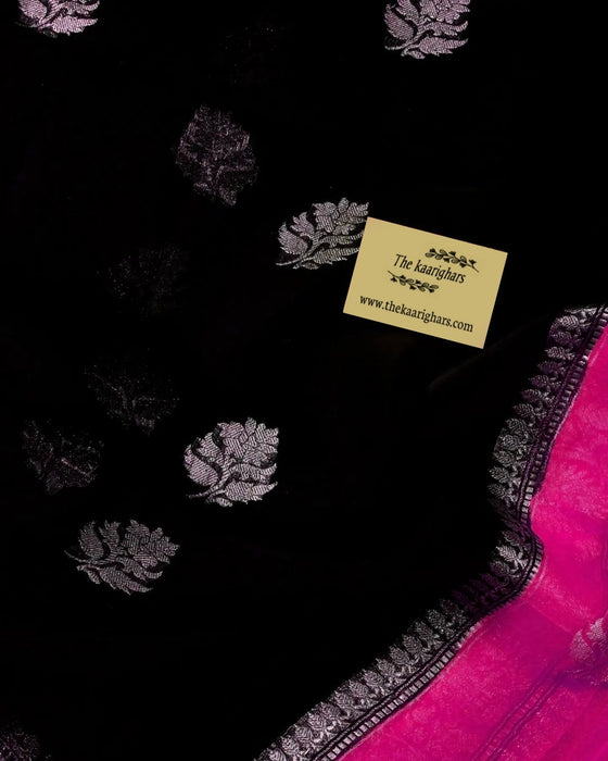 Rani Black Pure Khaddi Georgette Banarasi Saree - Silver Zari