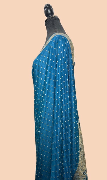 German Blue Pure Khaddi Crepe Banarasi Handloom Saree - Antique Zari