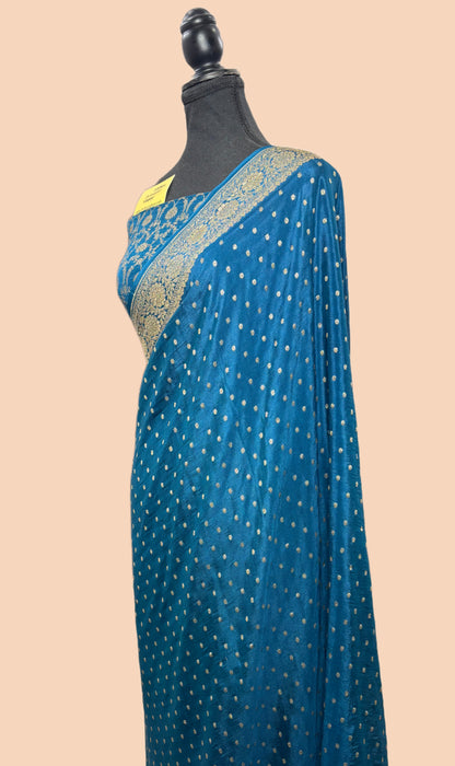 German Blue Pure Khaddi Crepe Banarasi Handloom Saree - Antique Zari