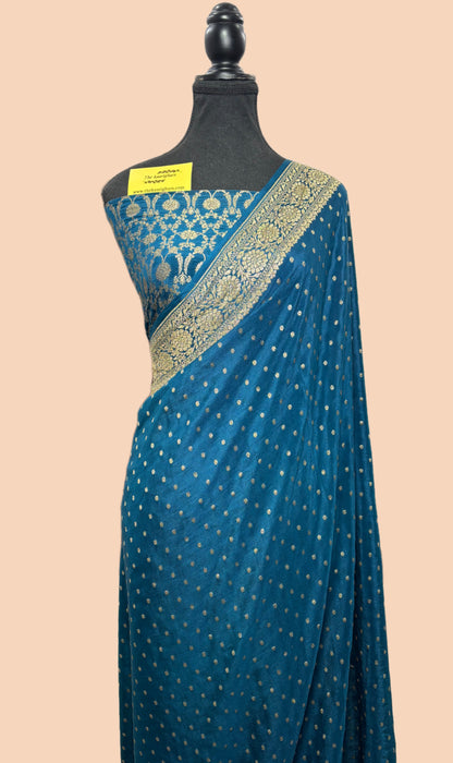 German Blue Pure Khaddi Crepe Banarasi Handloom Saree - Antique Zari