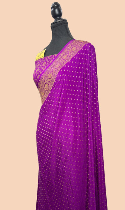 Purple Pure Khaddi Crepe Banarasi Handloom Saree - Antique Zari