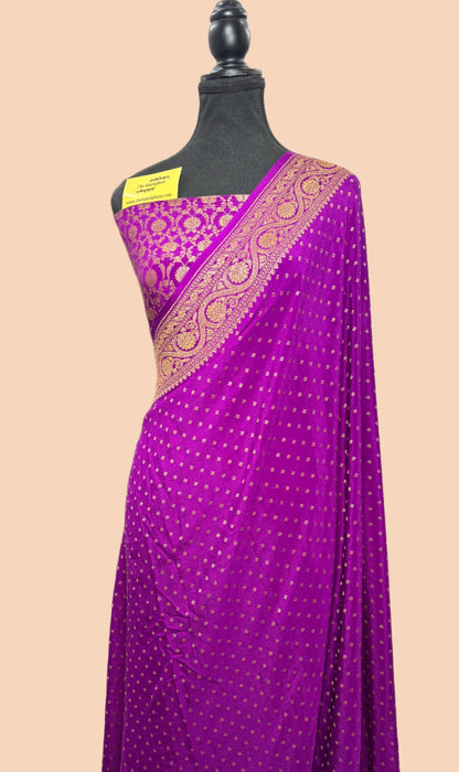 Purple Pure Khaddi Crepe Banarasi Handloom Saree - Antique Zari
