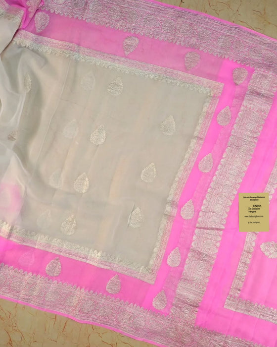 Pink & white Khaddi Georgette Handloom Saree - Silver Zari