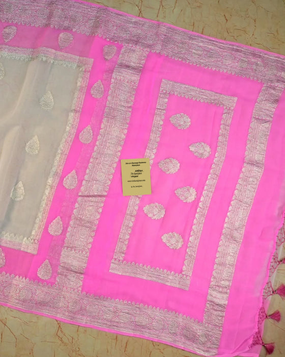 Pink & white Khaddi Georgette Handloom Saree - Silver Zari
