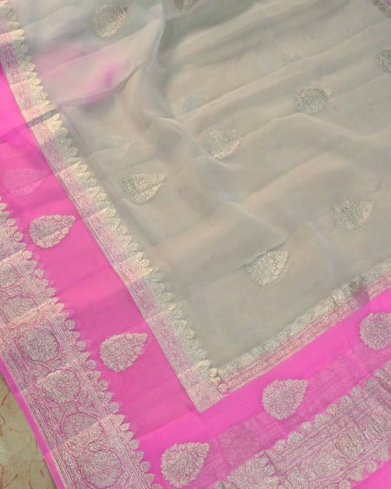 Pink & white Khaddi Georgette Handloom Saree - Silver Zari