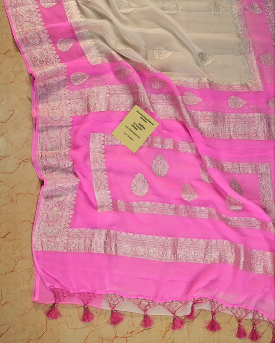 Pink & white Khaddi Georgette Handloom Saree - Silver Zari