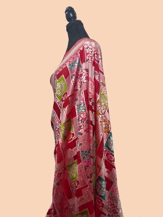 Red Pure Tussar Georgette Banarasi Handloom Saree - Pashmina Jangla Paithani