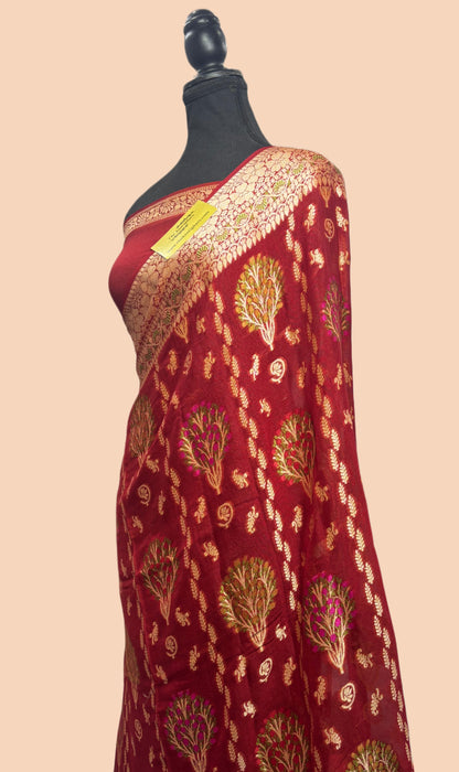 Maroon Pure Khaddi Chiffon Banarasi Saree - Meenakari Work