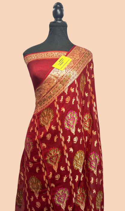 Maroon Pure Khaddi Chiffon Banarasi Saree - Meenakari Work