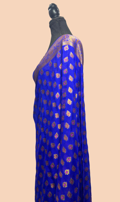 Royal Blue Pure Khaddi Chiffon Banarasi Saree - Black zari