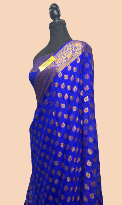 Royal Blue Pure Khaddi Chiffon Banarasi Saree - Black zari