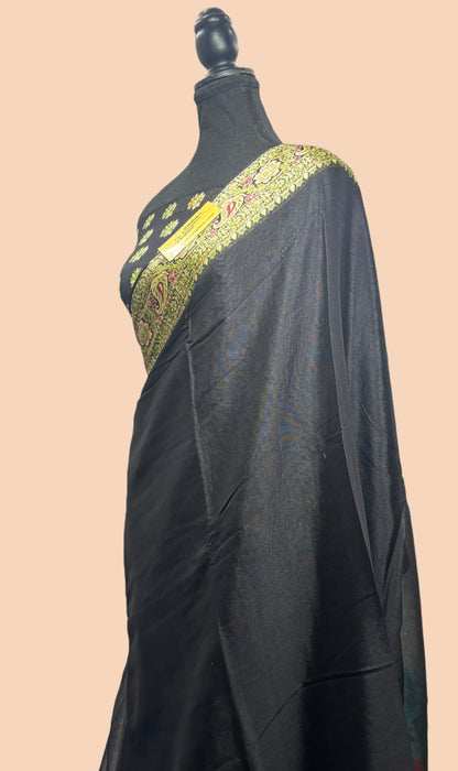 Black Pure Khaddi Chiffon Banarasi Saree - Meenakari Work