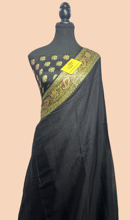 Black Pure Khaddi Chiffon Banarasi Saree - Meenakari Work