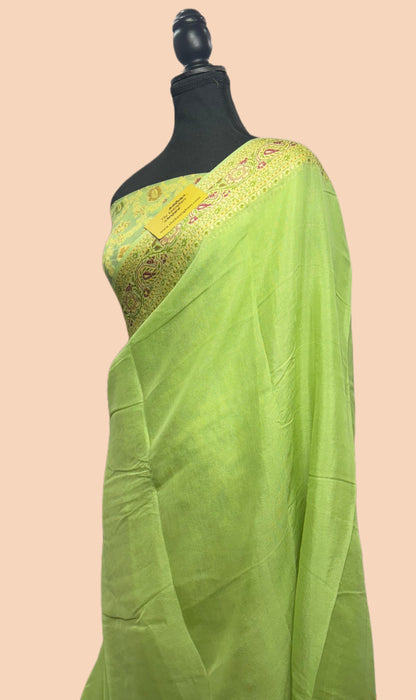Hazel Green Pure Khaddi Chiffon Banarasi Saree - Meenakari Work