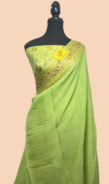 Hazel Green Pure Khaddi Chiffon Banarasi Saree - Meenakari Work