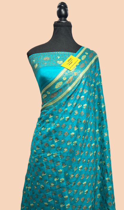 Spanish Blue Pure Khaddi Chiffon Banarasi Saree - Meenakari Work